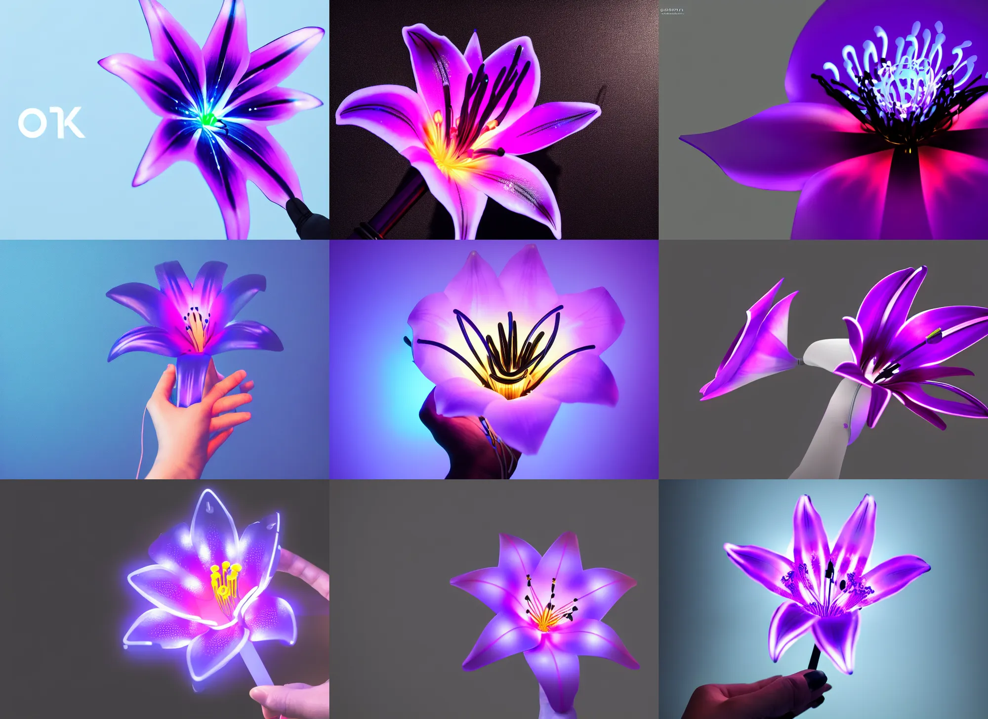 Prompt: cyber glowing lily flower holding in hand, studio photography, black purple studio background, studio lighting, night fill lighting, trending on ArtStation, no surroundings, high detail, ray tracing, 4K, 8K, highly detailed, HDR