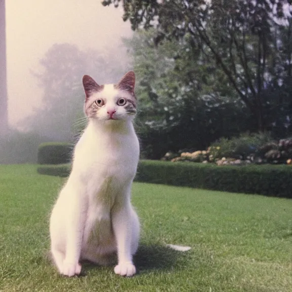 Prompt: an old unclear color-faded photo captured by accident in 1990s about a cat with human body in hotel clerk uniform walk around in a 18th century style garden and smile to the camera, foggy weather atmosphere, spotlight