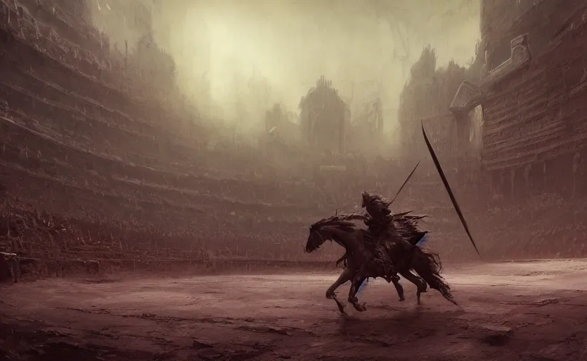 Image similar to ancient arena gladiator, beksinski, wayne barlowe, ruan jia, dark soul concept art, for honor charector concept art, the hobbit concept art