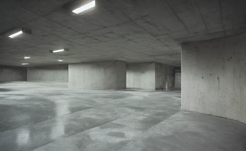 Prompt: Interior shot of a secret brutalist concrete bunker with glossy concrete floor by stanley kubrick, shot by 35mm film color photography
