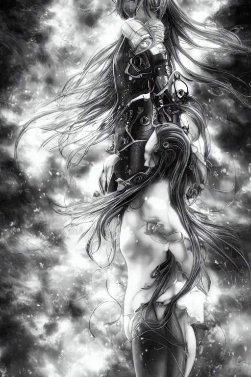 Image similar to a vertical portrait of a character in a scenic environment by Yoshitaka Amano, black and white, dreamy, cybernetic suit, wavy long black hair, highly detailed