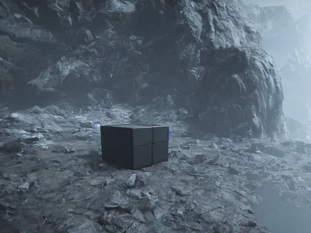 Image similar to Death Stranding black cube in air, rendered in Unreal