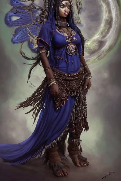 Prompt: Beautiful Young Female Shaman, shamanistic dark blue clothes, ornamental, covered!, metal garments, dark brown skin, green supernatural eyes, looking across the shoulder, full body, cute!, extremely detailed!, high fantasy, matte painting, detailed facial features!, warcraft, single character!, floating, elemental background, by Rossdraws, James Jean, gerald brom, Andrey Ryabovichev, Mark Simonetti and Peter Morbacher, trending in artstation, artstationHD, artstationHQ, cgsociety, octane, 16K HD