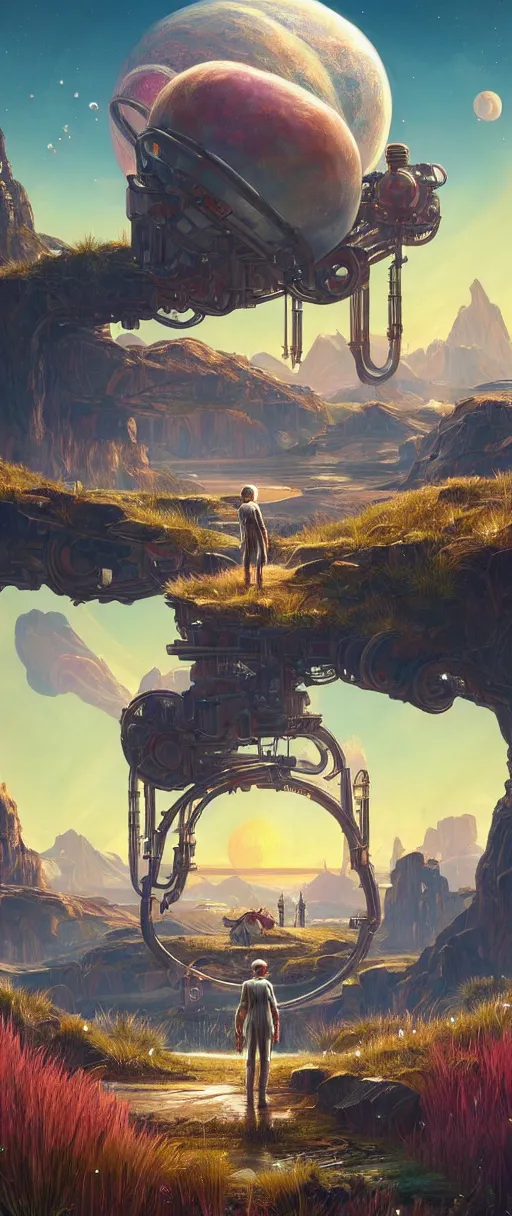 Prompt: a highly detailed beautiful dreamy breathtaking matte painting of the outer worlds screenshot, a tall grass field, broken machinery, simon stalenhag, featured on artstation, pulp scifi book cover art, i can't believe how beatiful this is, wow