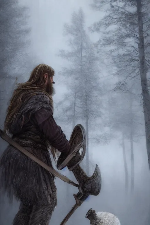 Prompt: epic portrait an male viking petting an big fluffy world during blizzardy winter weather, blurry forest backround, digital painting, artstation, concept art, soft light, hdri, smooth, sharp focus, illustration, fantasy, intricate, elegant, highly detailed, D&D, matte painting, in the style of Greg Rutkowski and Alphonse Mucha and artemisia, 8k, highly detailed, jurgens, rutkowski, bouguereau, pastoral, rustic, georgic, detailed concept art, illustration, colorful pastel, painting, detail, ultra detailed, digital art, 4K,