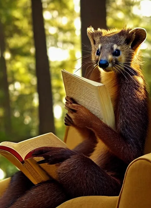 Image similar to A beautiful scene from a 2022 fantasy film featuring a humanoid pine marten in loose clothing reading on a couch. An anthropomorphic pine marten wearing a white shirt. Golden hour.