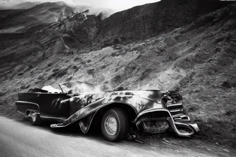 Prompt: Chevrolet Cadillac rolling down a mountain engulfed in flames, wide shot, 120 black and whit film