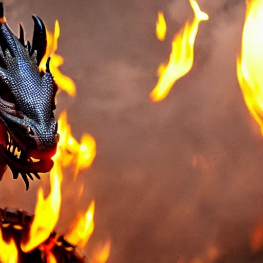 Image similar to close up of a flamming dragon, cinematographic shot,