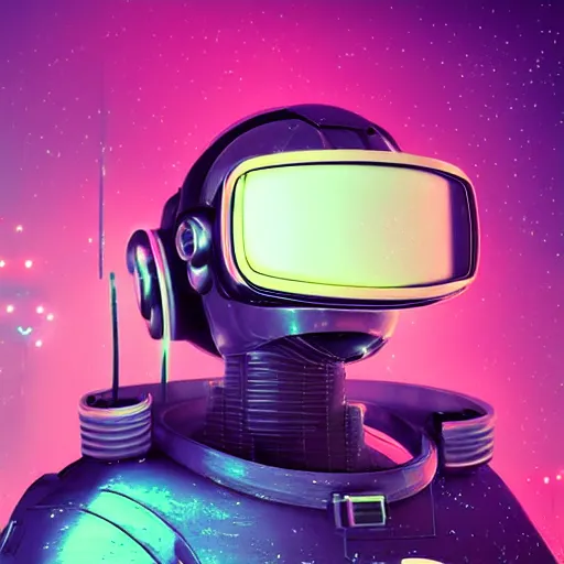 Image similar to cyberpunk astronaut bot, cinema 4 d, galaxy space sci - fi, wearing vr goggles, illustration, portrait, pastel neon textured background night, detailed,