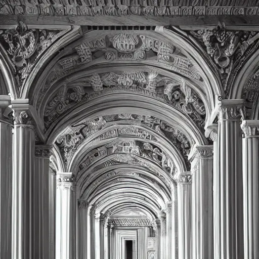 Image similar to interior of a white marble labyrinth in ornate renaissance style carving. symmetry columns, architectural photograph, sharp focus