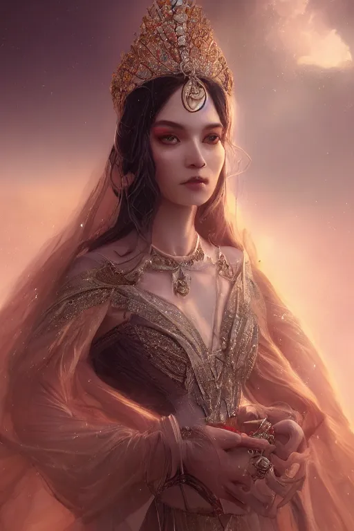 Prompt: Atmospheric detailed photography of a beautiful empress, wearing crystal fractal tiara, fantasy long intricate gown, sharp focus, octane render, high quality, 8k, volumetric lighting, color grading, by Tom Bagshaw and James Jean and Artgerm