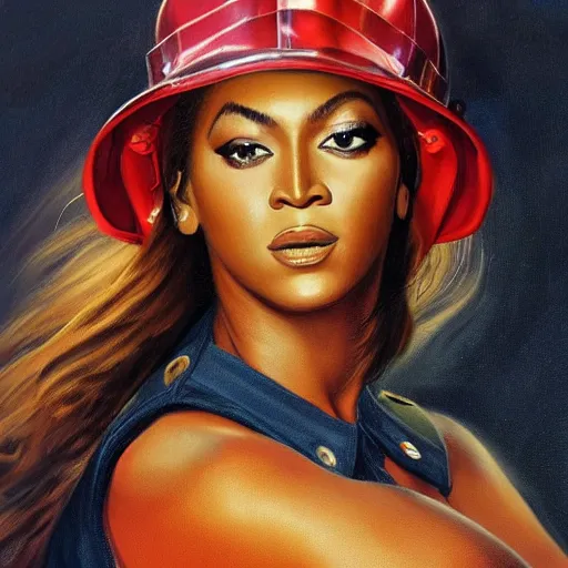 Image similar to ultra realistic portrait painting of beyonce as a firefighter, art by frank frazetta, 4 k, ultra realistic, highly detailed, epic lighting.