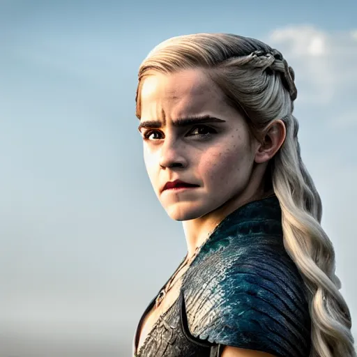 Prompt: Emma Watson as Daenerys Targaryen, XF IQ4, f/1.4, ISO 200, 1/160s, 8K, Sense of Depth, color and contrast corrected, Nvidia AI, Dolby Vision, in-frame