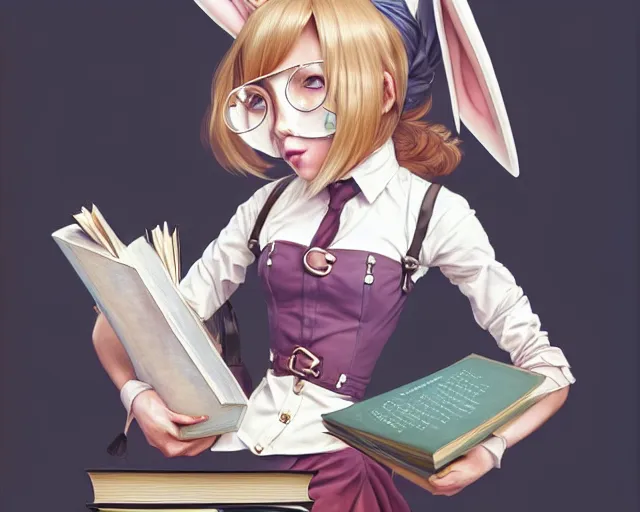 Prompt: a super cute anthropomorphic bunny schoolgirl in glasses from final fantasy, holding a stack of books, deep focus, d & d, fantasy, intricate, elegant, highly detailed, digital painting, artstation, concept art, matte, sharp focus, illustration, hearthstone, art by artgerm and greg rutkowski and alphonse mucha