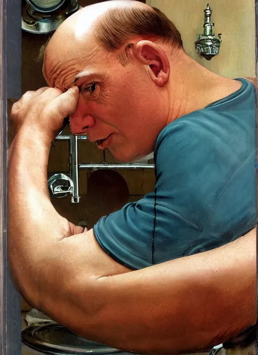 Image similar to a balding white man,, slim, wearing plumber uniform, norman rockwell painting, fixing sink