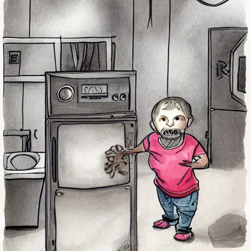 Prompt: childrens book illustration of a demon standing next to the washing machine in a basement, ink and watercolor