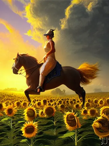 Prompt: a small chield querub, riding a horse in a sunflower field, a giant sun in the background. intricate, elegant, highly detailed, digital painting, artstation, concept art, sharp focus, illustration, by justin gerard and artgerm, 8 k