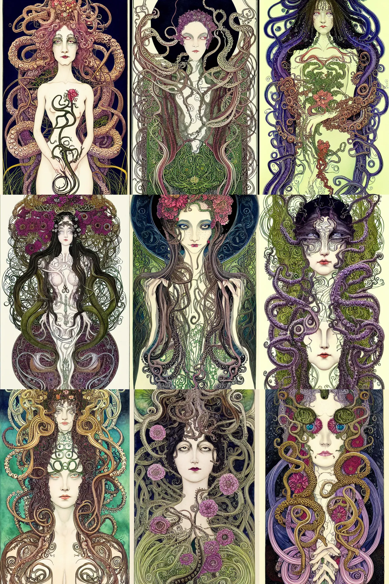 Prompt: centered beautiful detailed front view portrait of a woman with ornate tentacles and flowers growing around, ornamentation, flowers, elegant, dark and gothic, full frame, art by kay nielsen and walter crane and h r giger, illustration style, watercolor