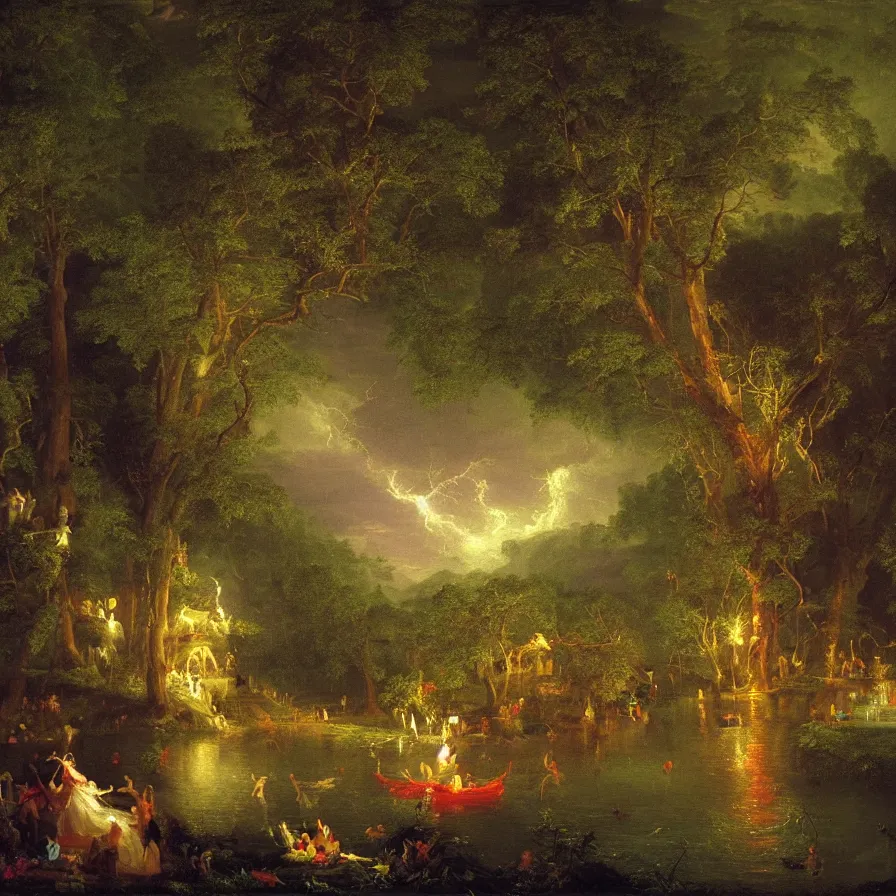 Prompt: a night carnival around a magical in a summer storm, tree cavity with a music scenario with many fireworks and christmas lights, next to a lake with iridiscent lake water, volumetric lightning, folklore people disguised with fantastic creatures in a magical forest by summer night, masterpiece painted by thomas cole, scene by dark night environment, refraction lights, five star stories