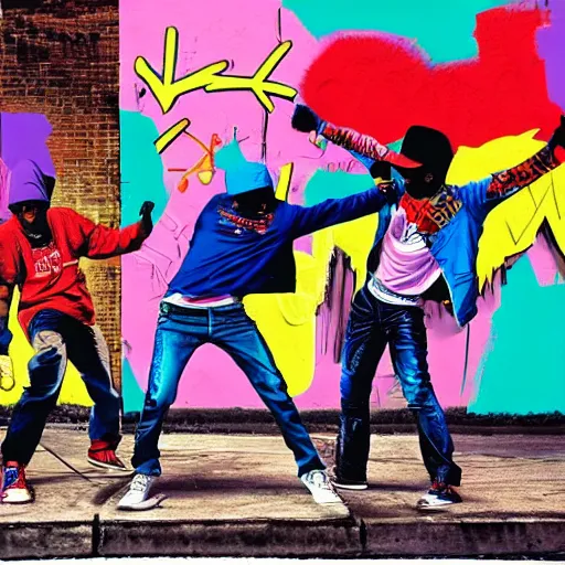 Image similar to four breakdancers battling in the bronx in 1984, by Andy Warhol, gritty, energetic, hyperrealistic, intricate graffiti, Moody lightning, trending on artstation