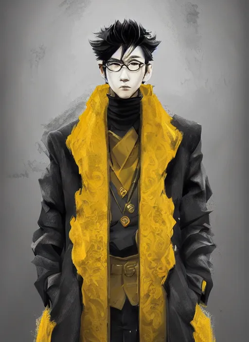 Image similar to a highly detailed illustration of young attractive japanese guy wearing black detective coat, yellow eyes, dramatic standing pose, hyperdetailed perfect face, perfect eyes, intricate, elegant, highly detailed, centered, digital painting, artstation, concept art, smooth, sharp focus, league of legends concept art, wlop.