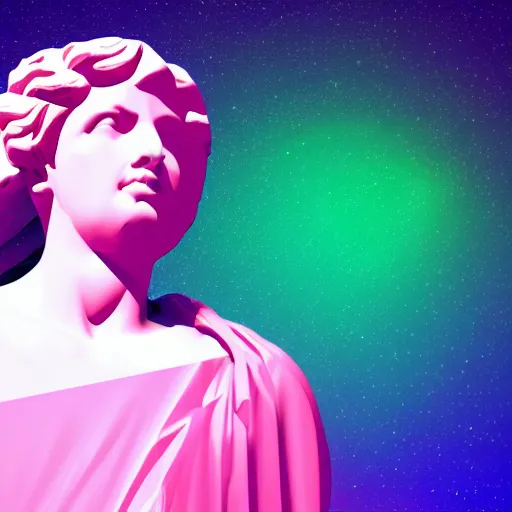 Prompt: low polygon Greek statue in vaporwave style, vibrant colors, sparkly nebula background, geometric neon 90s shapes