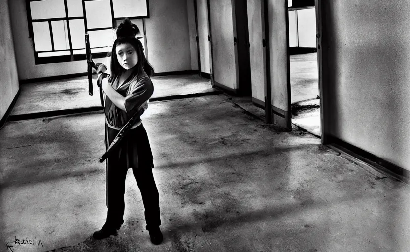 Image similar to School girl holding a katana and standing on an abandoned hospital room, by Robert Venosa