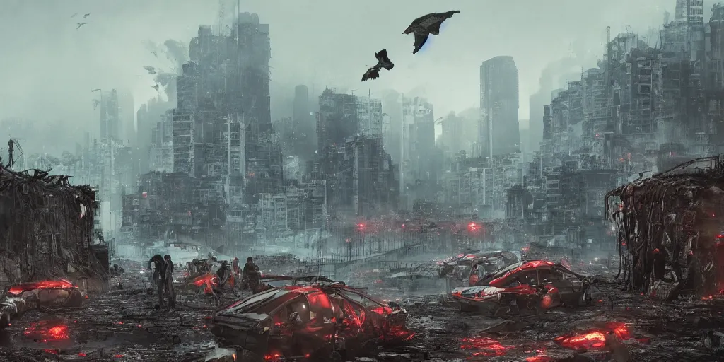 Image similar to climate change migrant crisis outside fortified city walls, hong kong, dystopia, dead animals falling from the sky, by cedric peyravernay, by kilian eng, high detail, digital painting, industrial art style, death stranding art style, cinematic lighting, artstation, cgsociety, unreal engine 5 render, octane render, 3 5 mm film grain