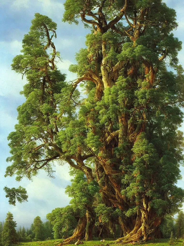 Image similar to Beautiful enormous treehouse by ivan shishkin and aivazovsky, oil on canvas, highly detailed, masterpiece