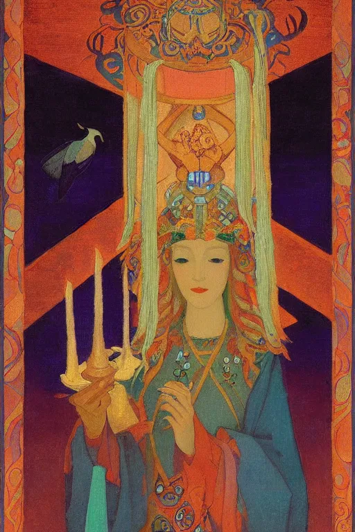 Image similar to queen of the dawn with her lantern and birds, by Nicholas Roerich and jean delville, elaborate headdress and embroidered velvet, iridescent beetles, rich color, dramatic cinematic lighting, extremely detailed