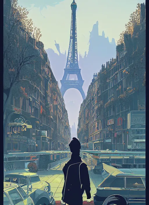 Prompt: Travel poster artwork by Michael Whelan and Tomer Hanuka, Rendering of travel to Paris, light and shadow, high contrast, full of details, by Makoto Shinkai and thomas kinkade, Matte painting, trending on artstation and unreal engine