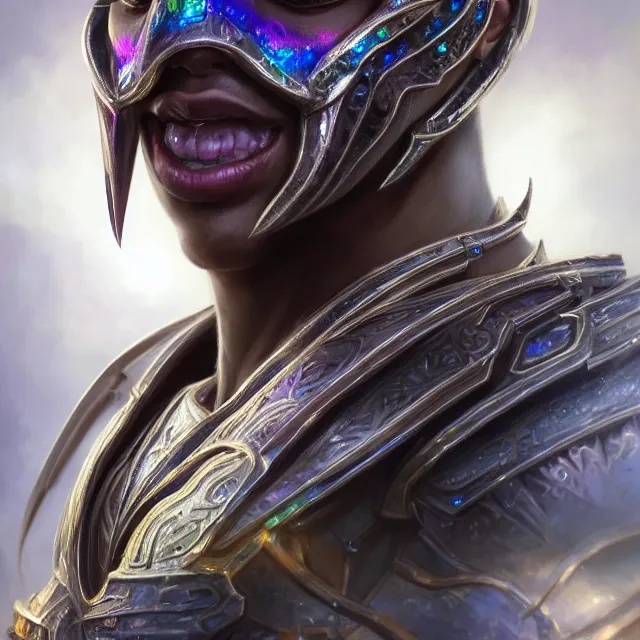 Prompt: detailed portrait of beautiful fantasy paladin made of iridescent smoke, dark fantasy, sharp focus, vibrant, vivid, magical shiny skin, symmetry, highly detailed, 4 k digital painting, detailed skin, crystal, magical, raytracing, plasma, artistic, concept art by artgerm, greg rutkowski, alphonse mucha, unreal engine render,