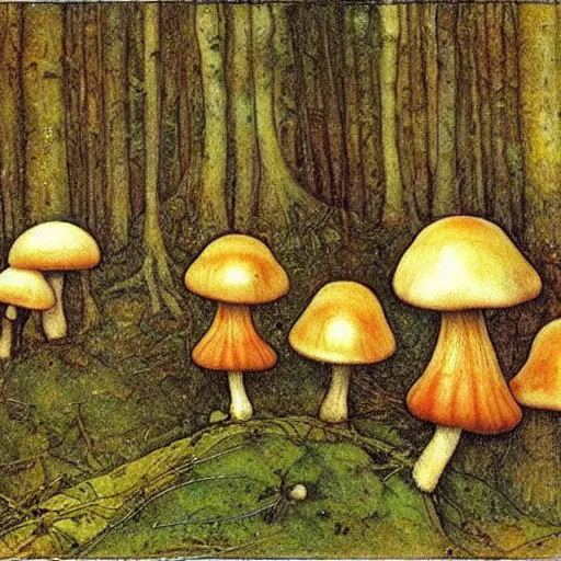 Prompt: lush forest mushrooms by John Bauer