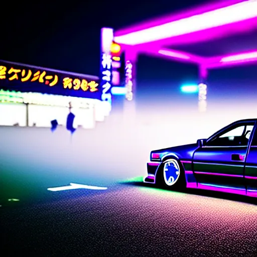 Image similar to a car JZX90 turbo at illegal car meet, Saitama prefecture, city midnight mist neon lights, cinematic color, photorealistic, highly detailed, 200MM