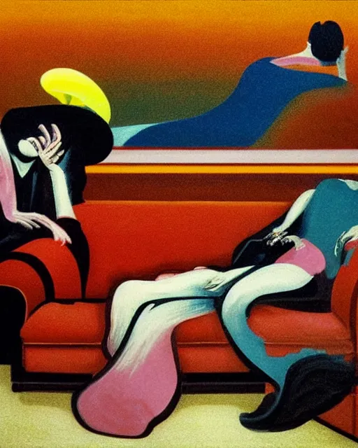 Prompt: old dead couple sitting on a couch and a dark figure crying in the corner with clouds at red and yellow art deco interior room in the style of Francis Bacon and Syd Mead, open ceiling, highly detailed, painted by Francis Bacon and Edward Hopper, painted by James Gilleard, surrealism, airbrush, very coherent, triadic color scheme, art by Takato Yamamoto and James Jean