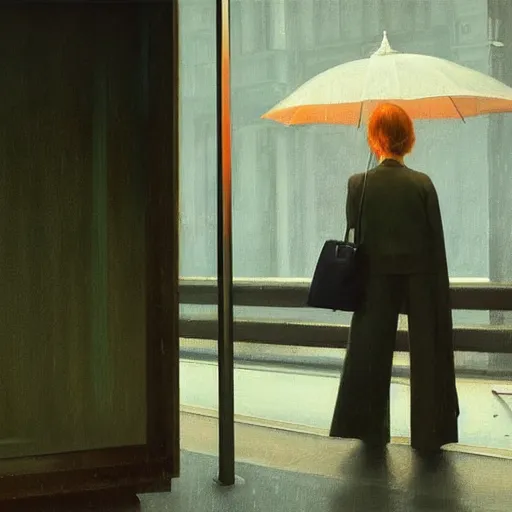 Prompt: Elle Fanning stalking her prey at night in the world of Edward Hopper and Bosch, stormy snowy weather, streetlights, extremely detailed masterpiece, oil on canvas, low-key neon lighting, artstation, Blade Runner 2049, Roger Deakin’s cinematography, by J. C. Leyendecker and Peter Paul Rubens,