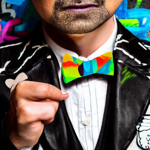 Image similar to gentleman owl with black biker jacket, portrait photo, crayon outline, wall with colorful graffiti, studio photo, suit, bow tie, tophat