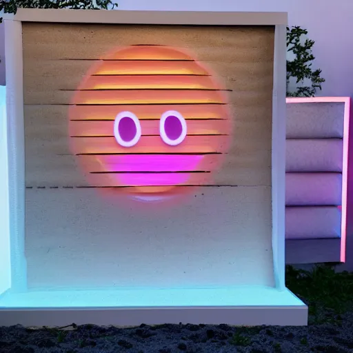 Prompt: An ultra high definition, professional photograph of an outdoor partial IKEA showroom inspired sculpture with a emoji smiley face white dot matrix light sign located on a pastel pink beach ((with pastel pink, dimpled sand where every item is pastel pink. )) The sun can be seen rising through a window in the showroom. The showroom unit is outdoors and the floor is made of dimpled sand. The showroom unit takes up 20% of the frame and is surrounded by barren beach environment. A square dot matrix sign displays an emoji somewhere in the scene. Morning time indirect lighting with on location production lighting on the showroom. In the style of wallpaper magazine, Wes Anderson.