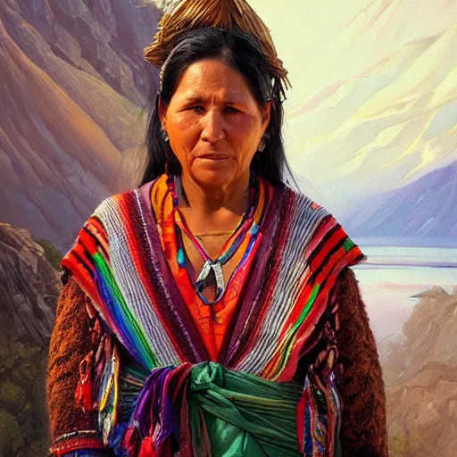 Image similar to portrait of a bolivian woman ( 3 5 ) from bolivia in 2 0 2 1, an oil painting by ross tran and thomas kincade