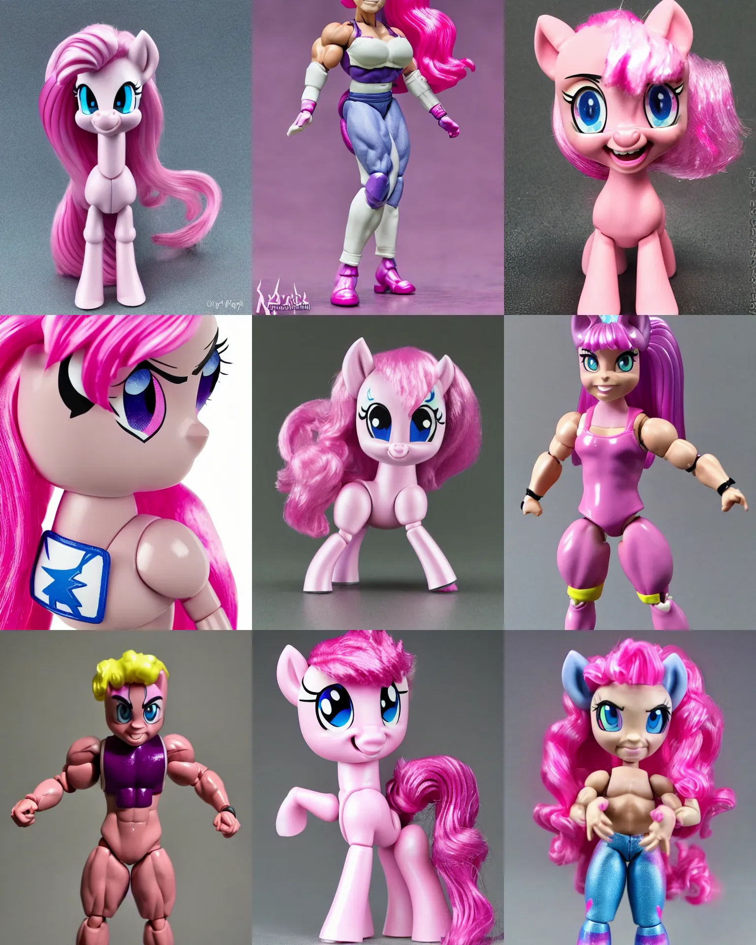 Prompt: pinky pie my little pony, neca!!! powerlifter oversized muscular action figure by neca face close up headshot in the style of neca, character by neca, film still, bokehs