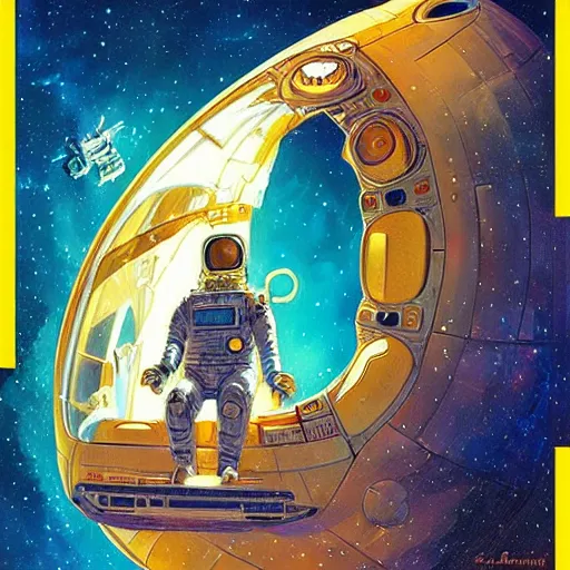 Image similar to astronaut sitting on the golden chair in galaxy, digital painting by dean cornwall, rhads, john berkey, tom whalen, alex grey, alphonse mucha, donoto giancola,