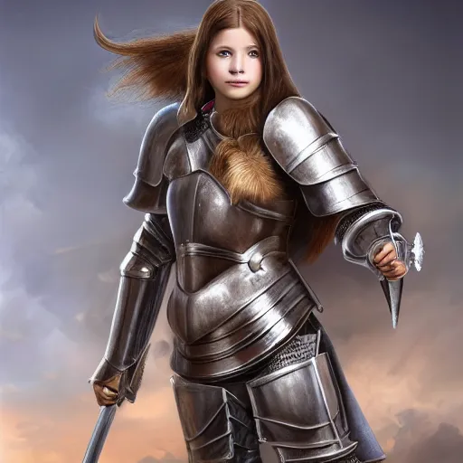 Prompt: young girl in knight armor, brown hair, full body shot, sharp focus, 4k , highly detailed, hyper realism, intricate