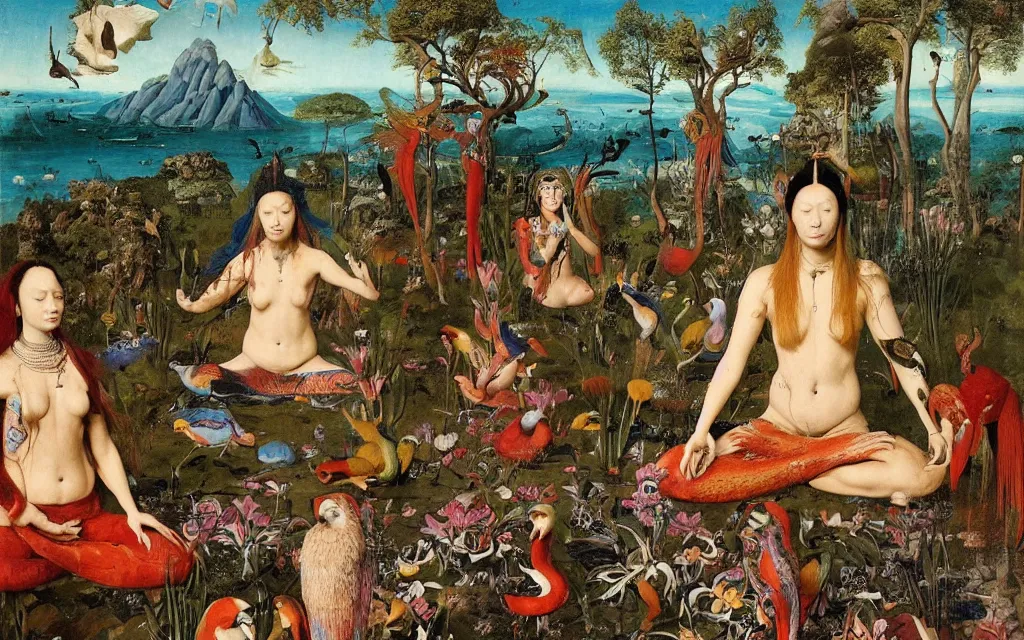 Image similar to a portrait photograph of a meditating mermaid shaman and a flayed monk feeding parrots at a wide river delta. surrounded by bulbous flowers, animals and trees. mountain range under a vast blue sky of burning stars. painted by jan van eyck, max ernst, ernst haeckel, ernst fuchs and artgerm, trending on cgsociety