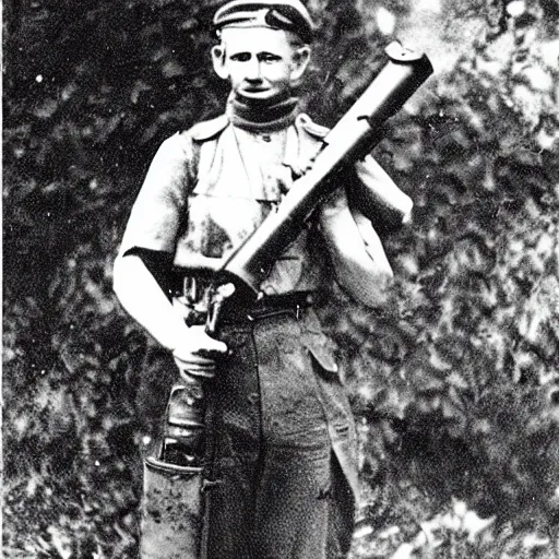 Prompt: old wartime photograph of shaggy from scooby - doo holding a lewis gun, 1 9 1 7