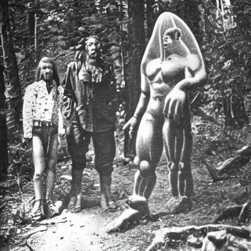 Prompt: : stereopticon photo of aliens and big foot in the woods