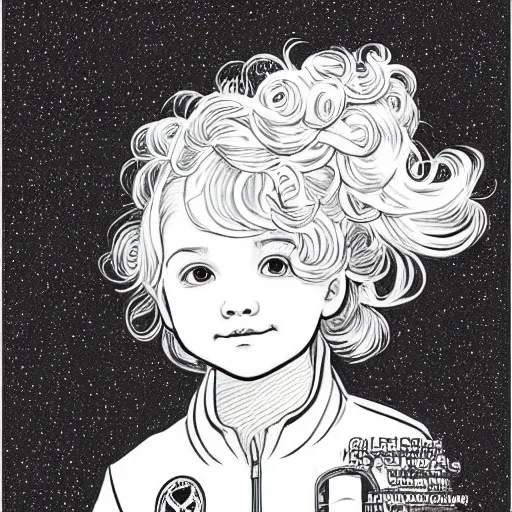 Image similar to clean simple line art of a cute little girl with a short brown wavy curly hair. she is dressed as an astronaut. no background. well composed, clean coloring book page, beautiful detailed face. coloring book line art by artgerm and greg rutkowski and johanna basford and alphonse mucha