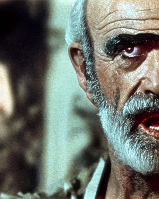 Prompt: an extremely detailed crispy clean 8 k photo close up ultra detailed of zardoz sean connery as a zombie he has all glossy red eyes