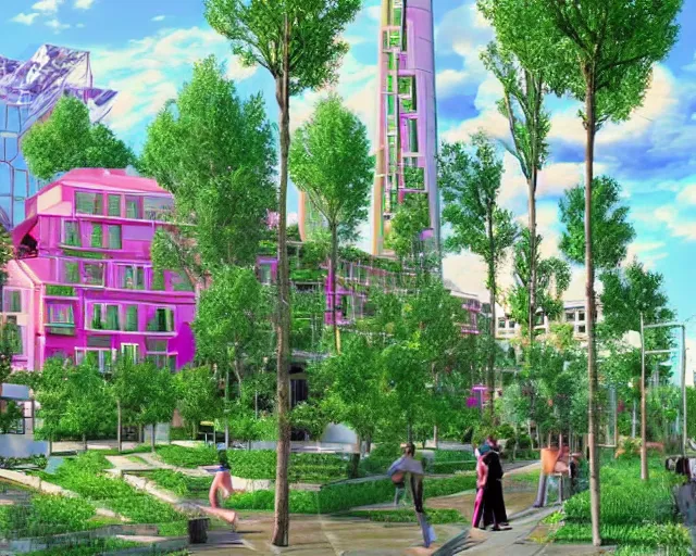 Image similar to turkey! - hungary! khaganate in 2 0 3 3 year, with futuristic! buildings, with pink! and green! trees around buildings, highly detailed digital art