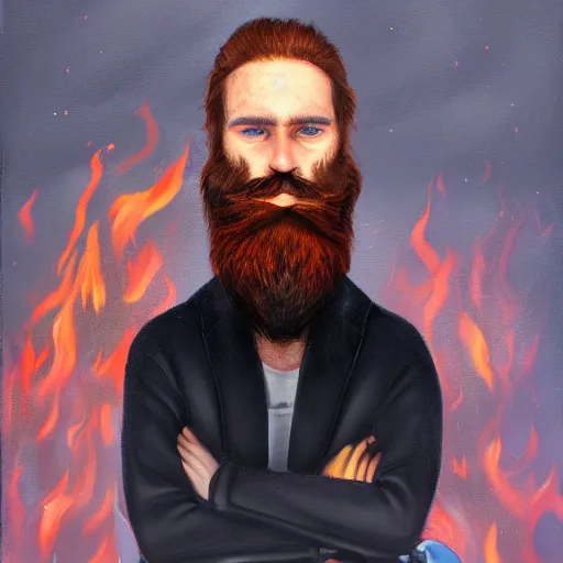 Prompt: grumpy young brown - red haired man with beard, wearing black coat, fire behind him, fire, oil painting, fantasy artwork, fantastic artwork, 4 k, trending on artstation