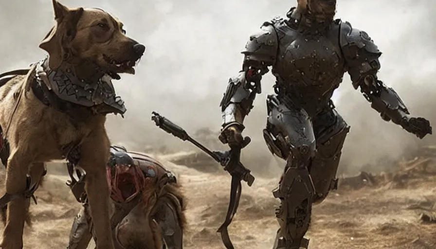 Image similar to a big budget movie about a heroic cyborg dog soldier in an epic battle